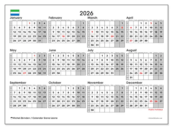 Printable Annual calendar 2026 - Sierra Leone