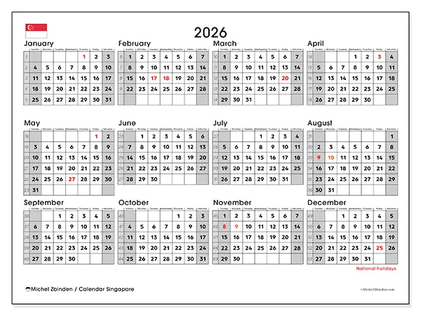 Printable Annual calendar 2026 - Singapore