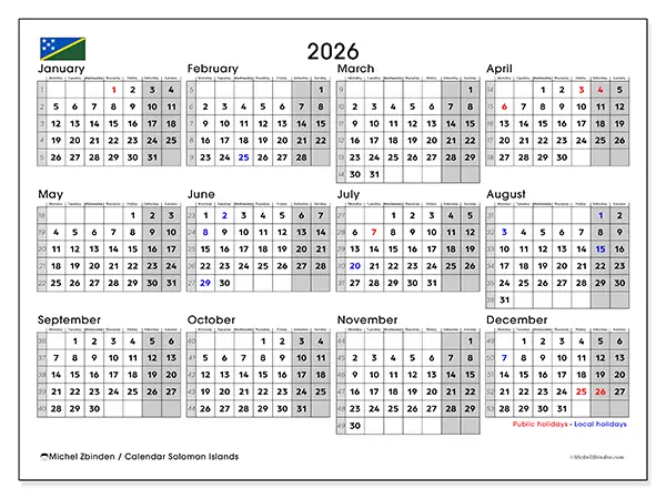 Printable Annual calendar 2026 - Solomon Islands