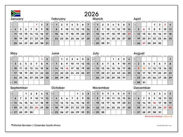 Printable Annual calendar 2026 - South Africa