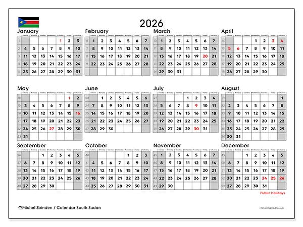 Printable Annual calendar 2026 - South Sudan