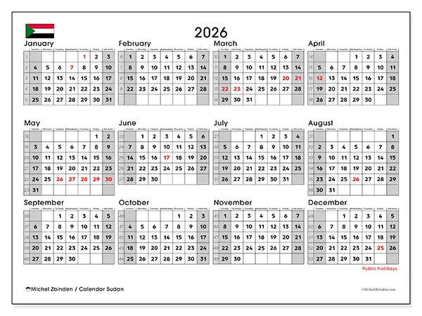 Printable Annual calendar 2026 - Sudan