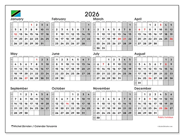 Printable Annual calendar 2026 - Tanzania