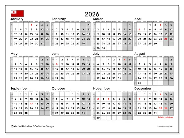 Printable Annual calendar 2026 - Tonga
