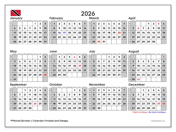 Printable Annual calendar 2026 - Trinidad and Tobago