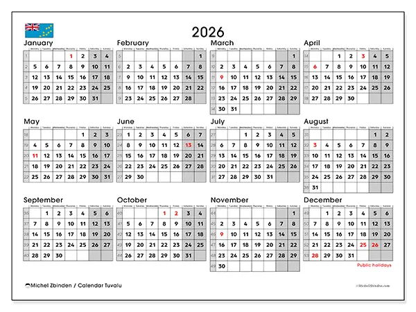 Printable Annual calendar 2026 - Tuvalu
