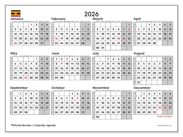Printable Annual calendar 2026 - Uganda