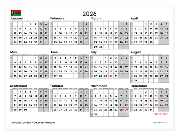 Printable Annual calendar 2026 - Vanuatu