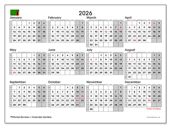 Printable Annual calendar 2026 - Zambia