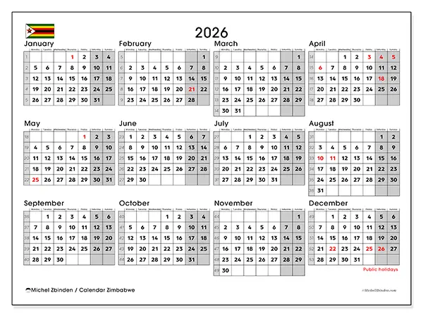 Printable Annual calendar 2026 - Zimbabwe
