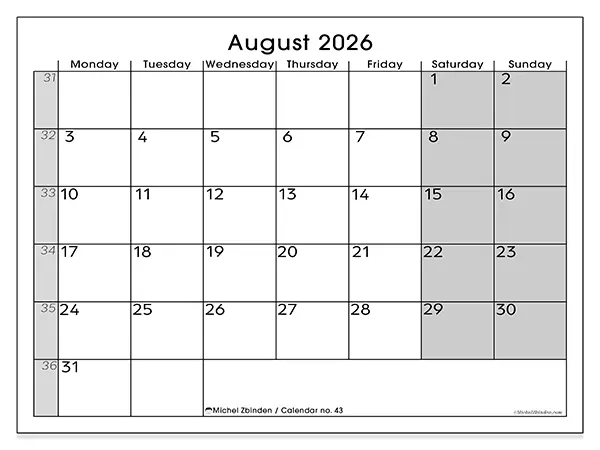 Printable August 2026 calendar - Perfect organization