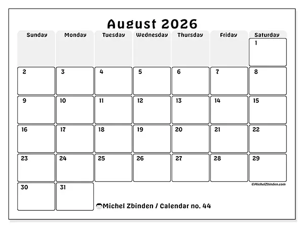 Printable August 2026 calendar - Structured planning - Week from Sunday to Saturday