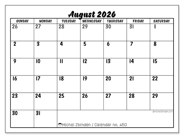 Printable August 2026 calendar - Detailed organization - Week from Sunday to Saturday