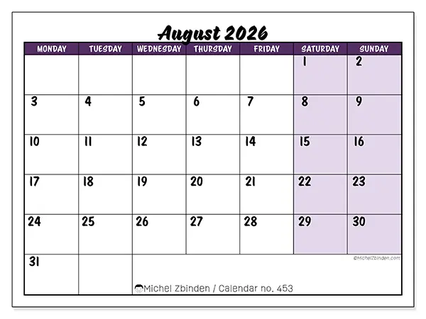 Printable August 2026 calendar - Colorful efficiency