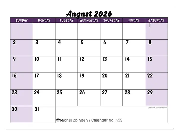 Printable August 2026 calendar - Colorful efficiency - Week from Sunday to Saturday
