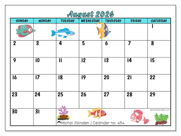 Printable August 2026 calendar - Colorful fish - Week from Sunday to Saturday