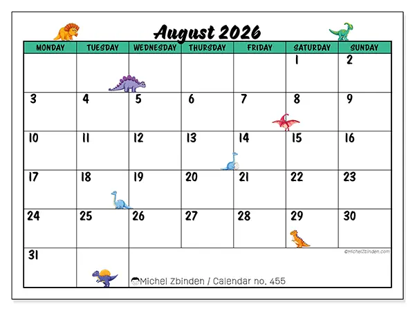 Printable August 2026 calendar - Little dinosaurs