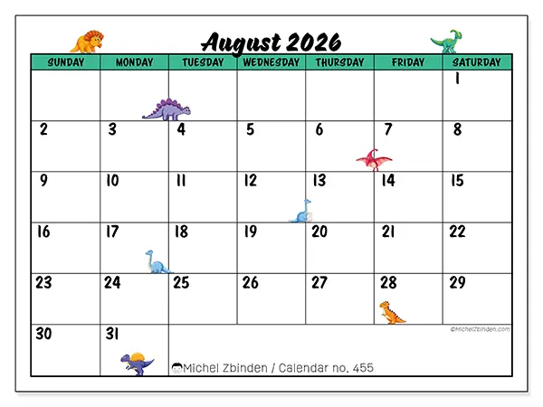 Printable August 2026 calendar - Little dinosaurs - Week from Sunday to Saturday
