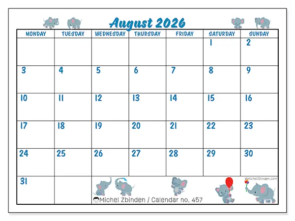 Printable August 2026 calendar - Little elephants