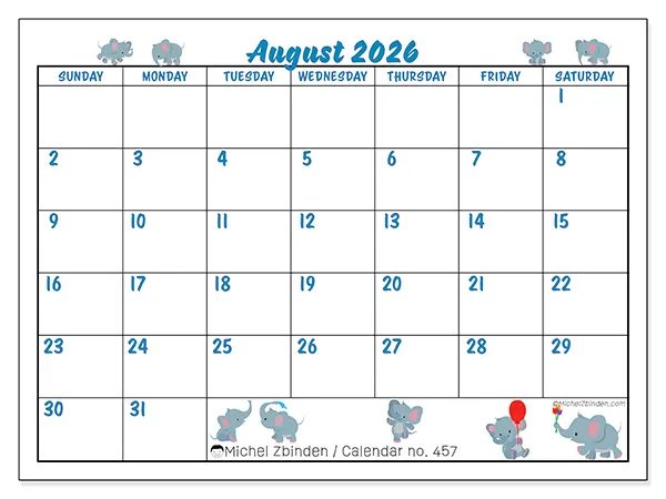 Printable August 2026 calendar - Little elephants - Week from Sunday to Saturday