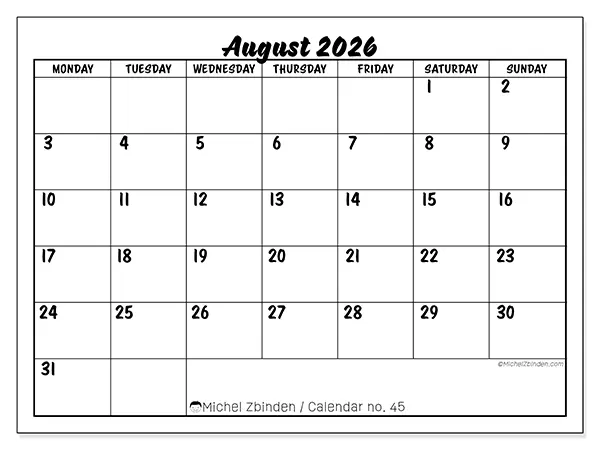 Printable August 2026 calendar - Academic success