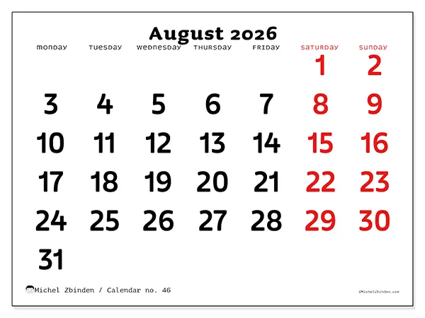 Printable August 2026 calendar - Clear vision