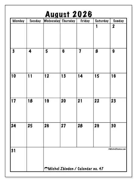 Printable August 2026 calendar - Efficient planning