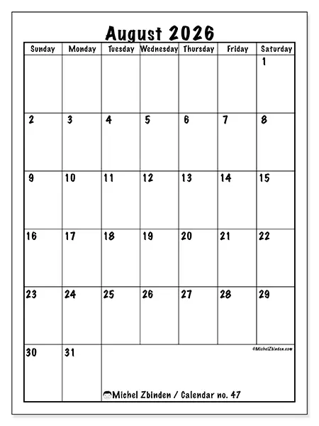 Printable August 2026 calendar - Efficient planning - Week from Sunday to Saturday