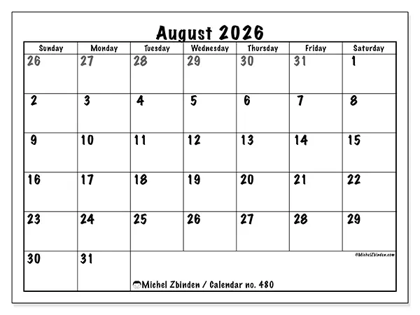 Printable August 2026 calendar - Complete planning - Week from Sunday to Saturday