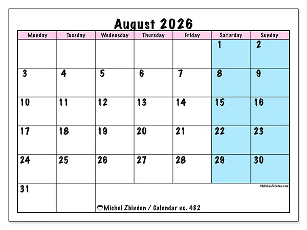 Printable August 2026 calendar - Team schedule