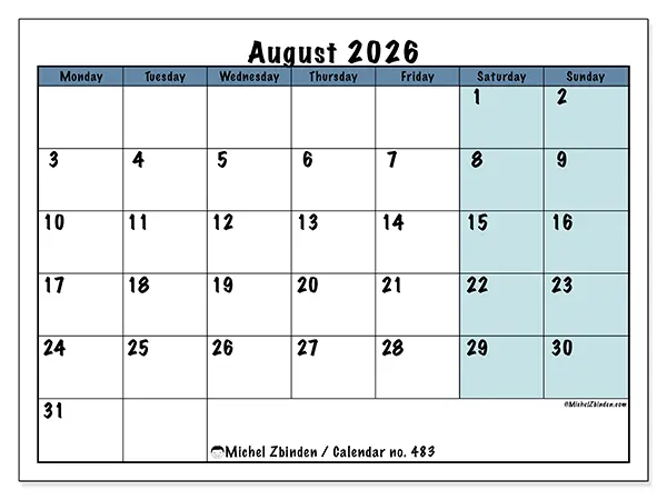 Printable August 2026 calendar - Structured for school