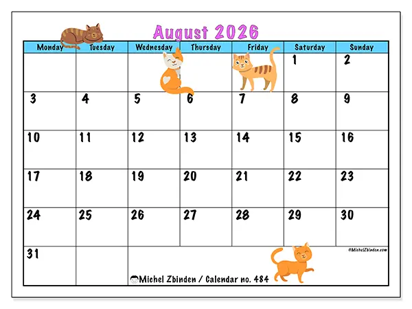 Printable August 2026 calendar - Love of cats