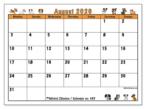 Printable August 2026 calendar - Enthusiastic dogs
