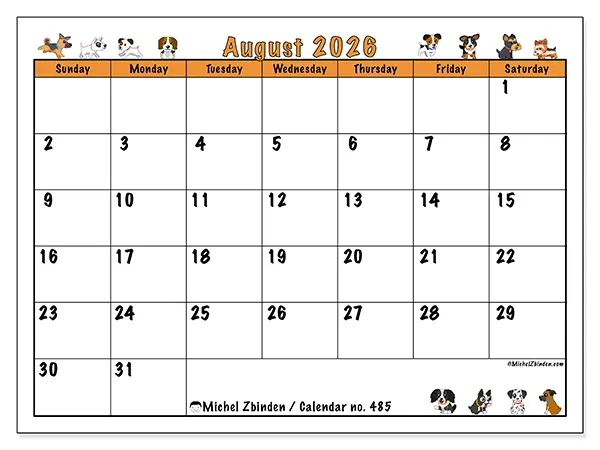 Printable August 2026 calendar - Enthusiastic dogs - Week from Sunday to Saturday