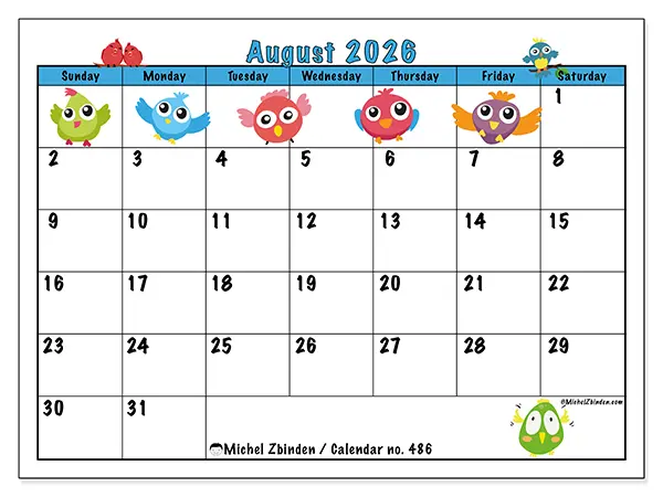 Printable August 2026 calendar - Funny birds - Week from Sunday to Saturday