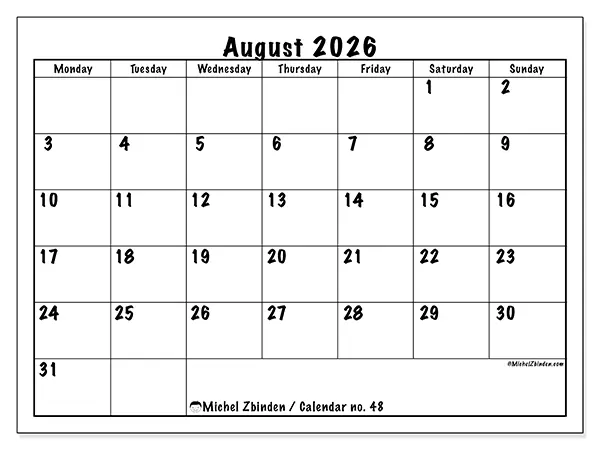 Printable August 2026 calendar - Daily efficiency