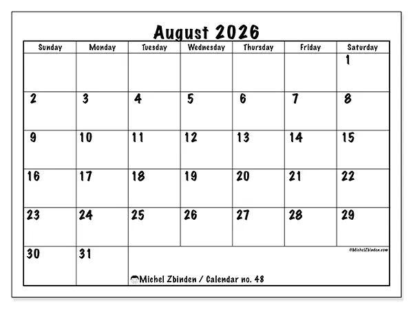 Printable August 2026 calendar - Daily efficiency - Week from Sunday to Saturday