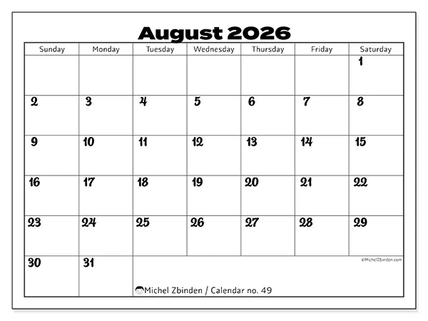 Printable August 2026 calendar - Productive coordination - Week from Sunday to Saturday