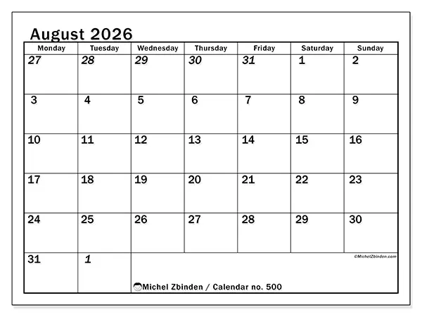 Printable August 2026 calendar - Intensive planning