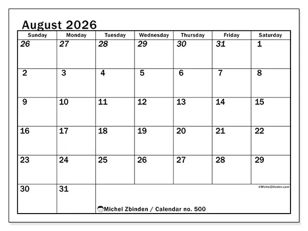 Printable August 2026 calendar - Intensive planning - Week from Sunday to Saturday