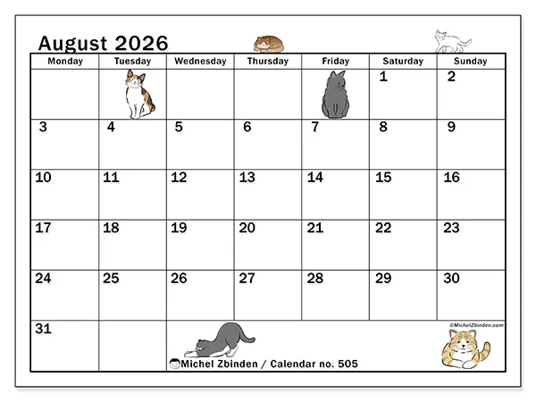 Printable August 2026 calendar - Cat life
