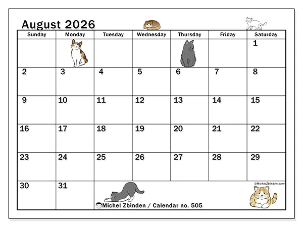 Printable August 2026 calendar - Cat life - Week from Sunday to Saturday