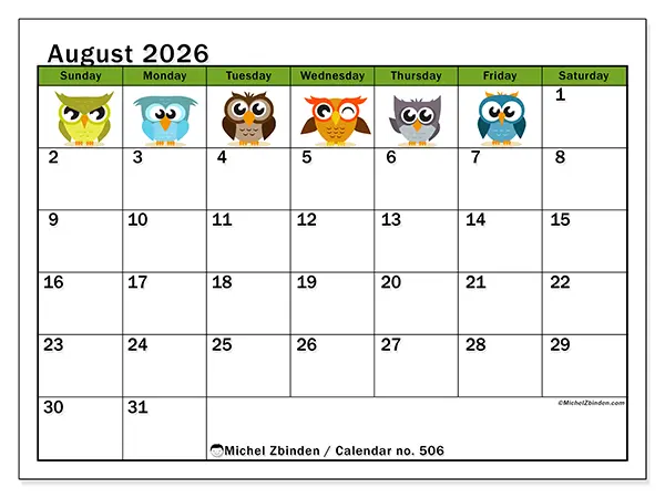 Printable August 2026 calendar - Funny owls - Week from Sunday to Saturday