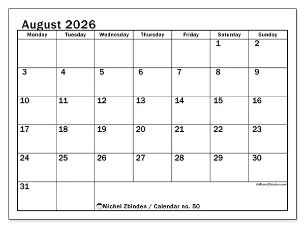 Printable August 2026 calendar - Optimal planning