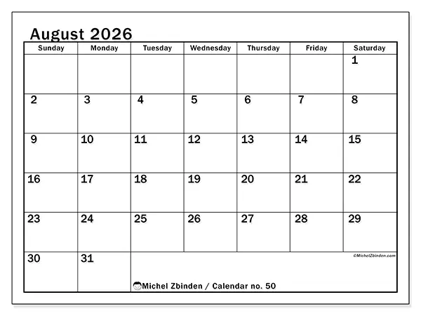 Printable August 2026 calendar - Optimal planning - Week from Sunday to Saturday