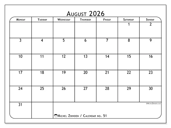 Printable August 2026 calendar - Meal planner