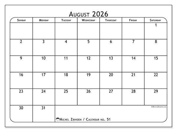 Printable August 2026 calendar - Meal planner - Week from Sunday to Saturday