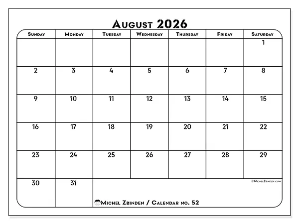Printable August 2026 calendar - Professional organization - Week from Sunday to Saturday