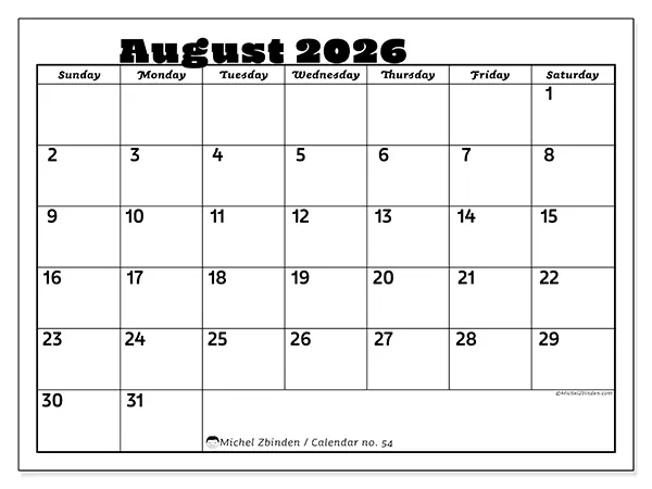 Printable August 2026 calendar - Family activities - Week from Sunday to Saturday