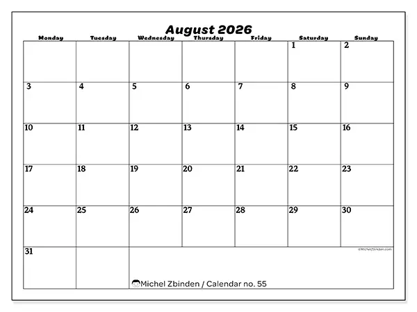 Printable August 2026 calendar - Leisure organization